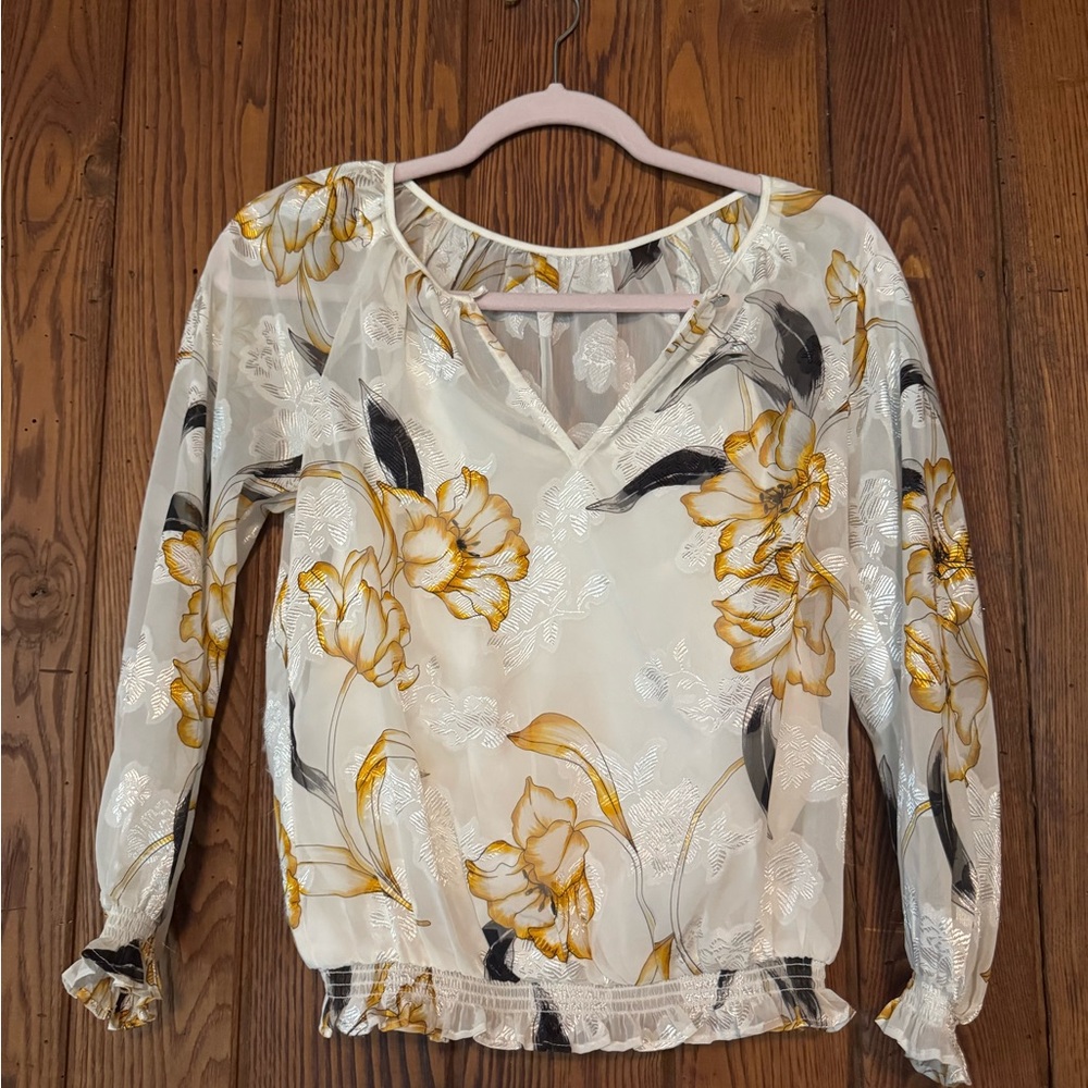 White House Black Market Sheer Floral V-Neck Blouse — White and Mustard